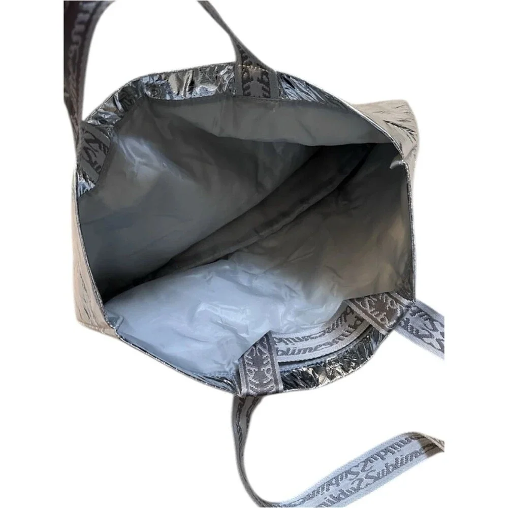 Tory Burch Metallic Silver Sublime Tote Bag with Patterned Straps